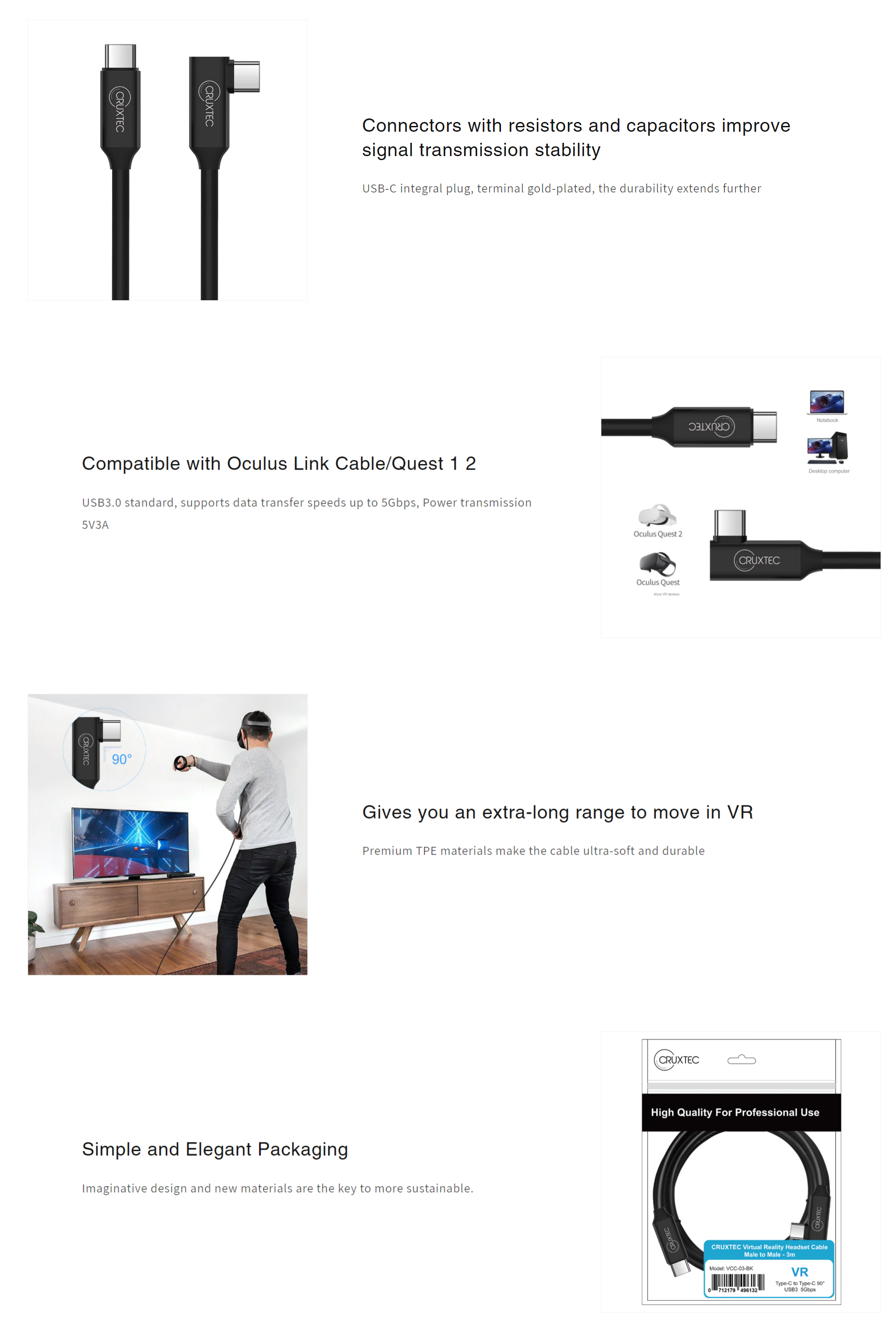 A large marketing image providing additional information about the product Cruxtec USB-C to USB-C 90 Degree Angle VR Cable - 3m - Additional alt info not provided